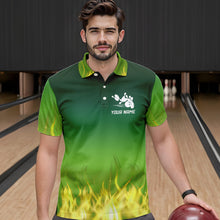 Load image into Gallery viewer, Personalized Yellow Green Flame Bowling Polo, Quarter Zip Shirts For Men Custom Team Bowling Jersey NQS9559