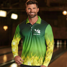 Load image into Gallery viewer, Personalized Yellow Green Flame Bowling Polo, Quarter Zip Shirts For Men Custom Team Bowling Jersey NQS9559