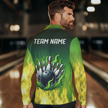 Load image into Gallery viewer, Personalized Yellow Green Flame Bowling Polo, Quarter Zip Shirts For Men Custom Team Bowling Jersey NQS9559