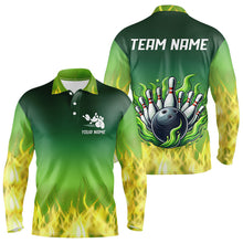 Load image into Gallery viewer, Personalized Yellow Green Flame Bowling Polo, Quarter Zip Shirts For Men Custom Team Bowling Jersey NQS9559