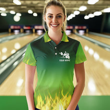 Load image into Gallery viewer, Personalized Yellow Green Flame Bowling Polo, Quarter Zip Shirts For Women Custom Team Bowling Jersey NQS9559