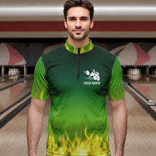 Load image into Gallery viewer, Personalized Yellow Green Flame Bowling Polo, Quarter Zip Shirts For Men Custom Team Bowling Jersey NQS9559