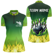 Load image into Gallery viewer, Personalized Yellow Green Flame Bowling Polo, Quarter Zip Shirts For Women Custom Team Bowling Jersey NQS9559