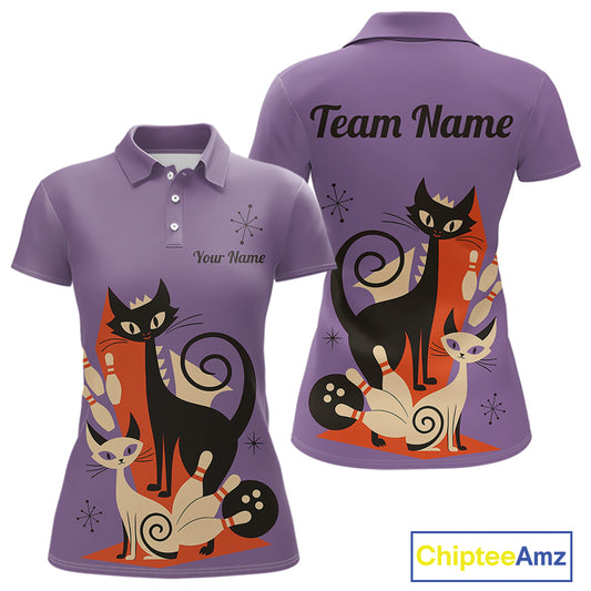Custom retro bowling shirts Cats Bowling jersey for Women Team Bowling Polo, 1/4 Zip Shirts | Purple NQS11668