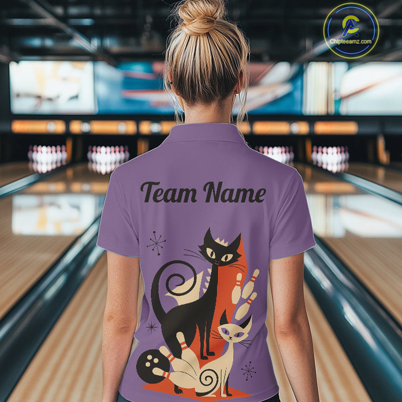 Custom retro bowling shirts Cats Bowling jersey for Women Team Bowling Polo, 1/4 Zip Shirts | Purple NQS11668