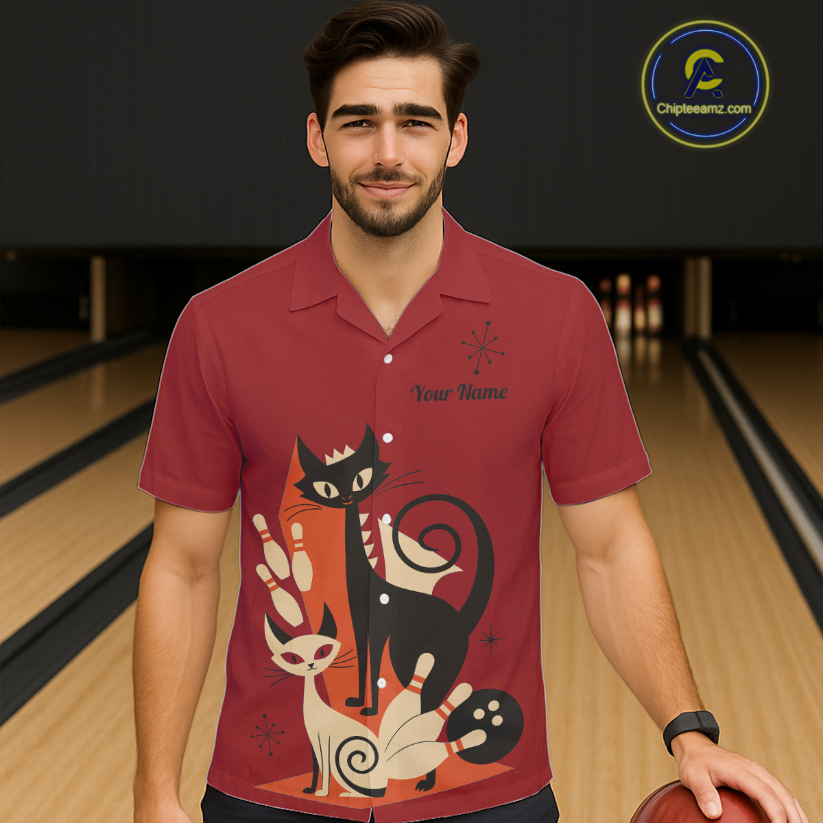 Custom retro bowling Hawaiian shirts Cat Bowling jersey Team Bowling button up Shirt  | Red NQS11669