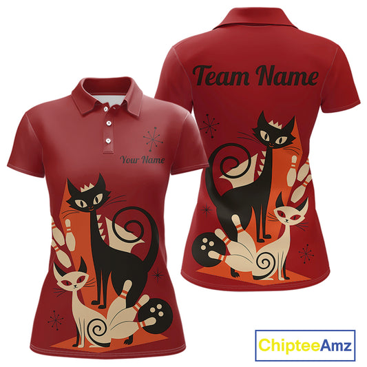 Custom retro bowling shirts Cats Bowling jersey for Women Team Bowling Polo, 1/4 Zip Shirts | Red NQS11669