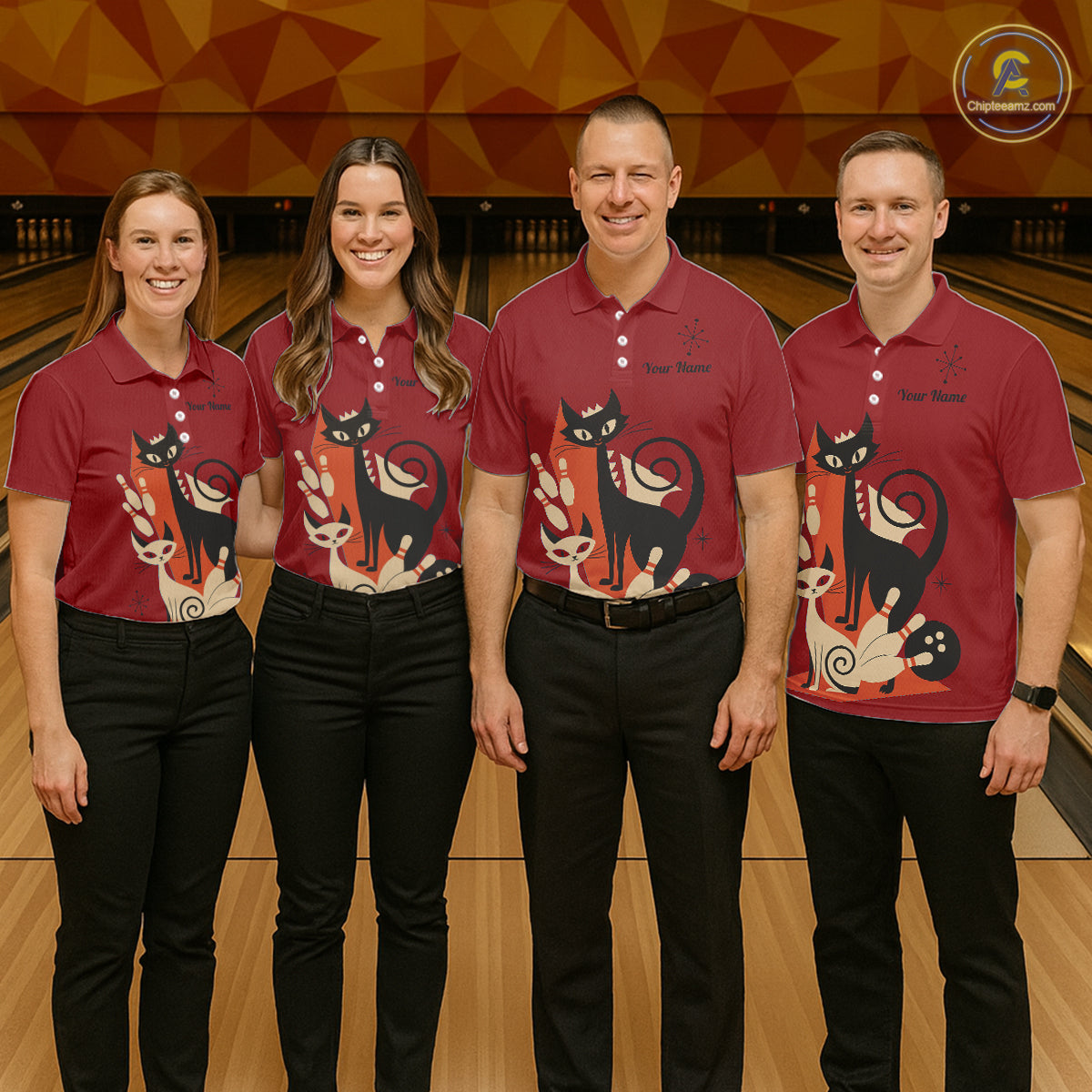 Custom retro bowling shirts Cat Bowling jersey for men Team Bowling Polo, 1/4 Zip Shirts | Red NQS11669