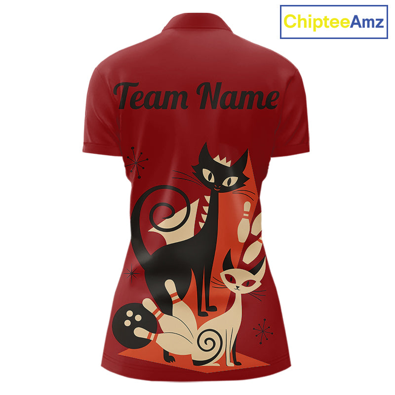 Custom retro bowling shirts Cats Bowling jersey for Women Team Bowling Polo, 1/4 Zip Shirts | Red NQS11669