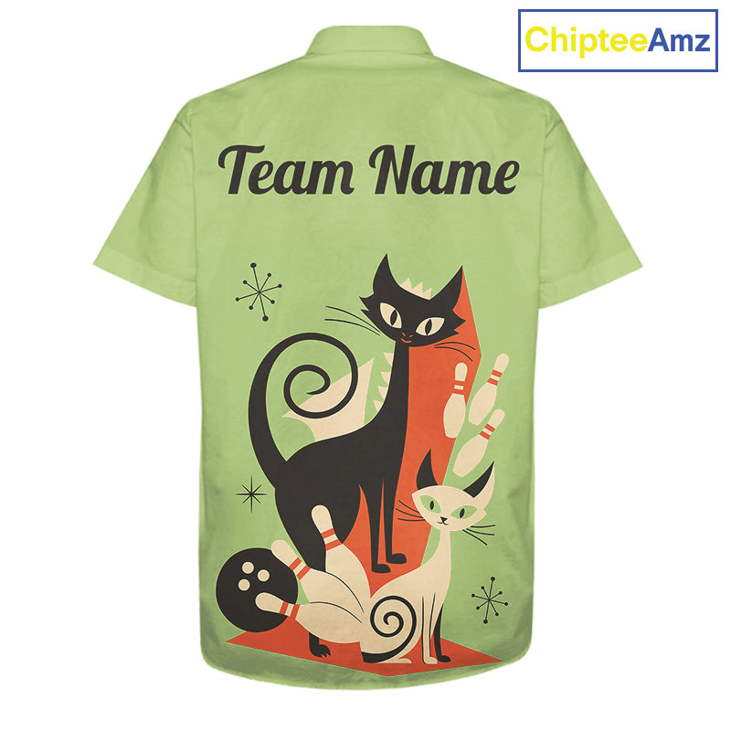 Custom retro bowling Hawaiian shirts Cat Bowling jersey Team Bowling button up Shirt | Green NQS11670