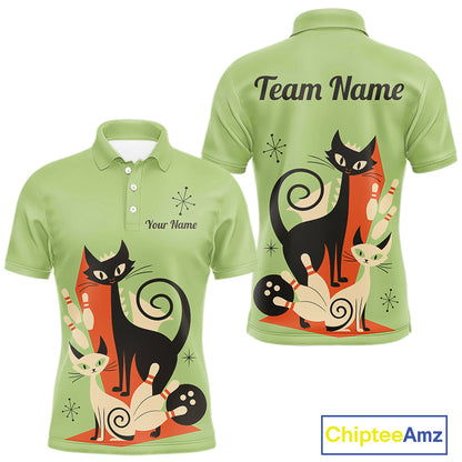 Custom retro bowling shirts Cat Bowling jersey for men Team Bowling Polo, 1/4 Zip Shirts | Green NQS11670