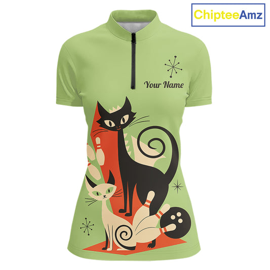 Custom retro bowling shirts Cats Bowling jersey for Women Team Bowling Polo, 1/4 Zip Shirts | Green NQS11670