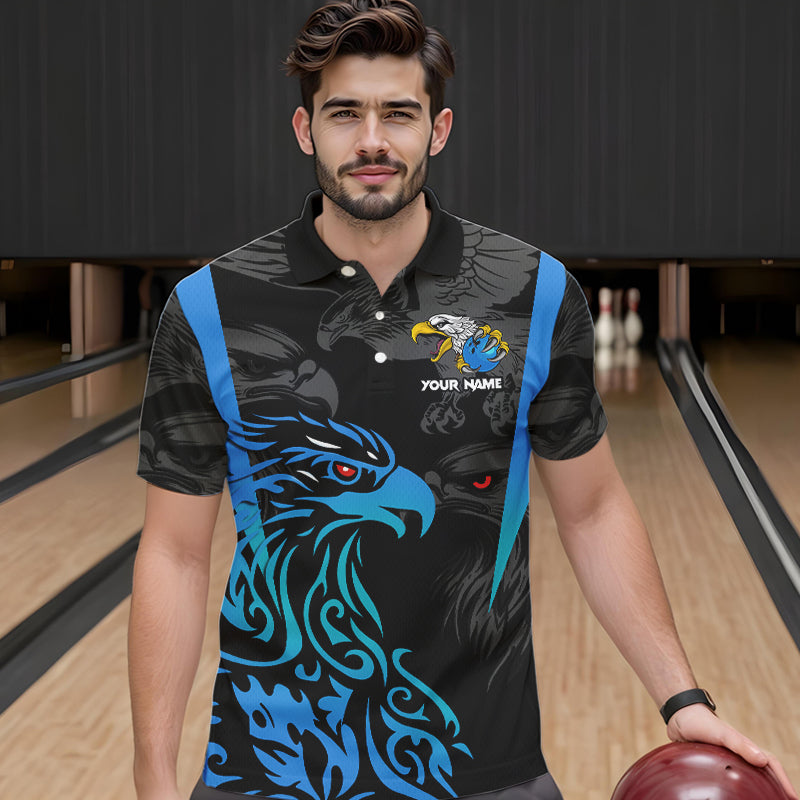 Black and Blue Tribal Eagle Bowling Polo, Quarter Zip Shirts For Men Custom Eagle Bowling Team Shirt NQS9716