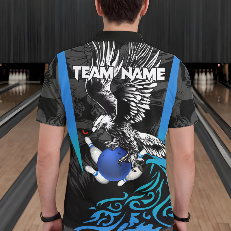 Black and Blue Tribal Eagle Bowling Polo, Quarter Zip Shirts For Men Custom Eagle Bowling Team Shirt NQS9716