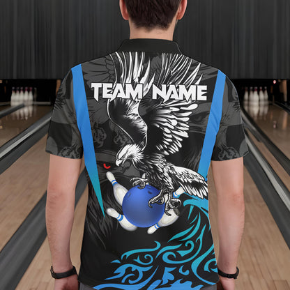 Black and Blue Tribal Eagle Bowling Polo, Quarter Zip Shirts For Men Custom Eagle Bowling Team Shirt NQS9716