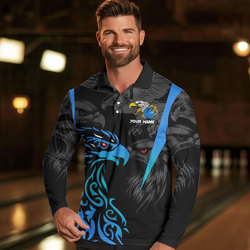 Black and Blue Tribal Eagle Bowling Polo, Quarter Zip Shirts For Men Custom Eagle Bowling Team Shirt NQS9716