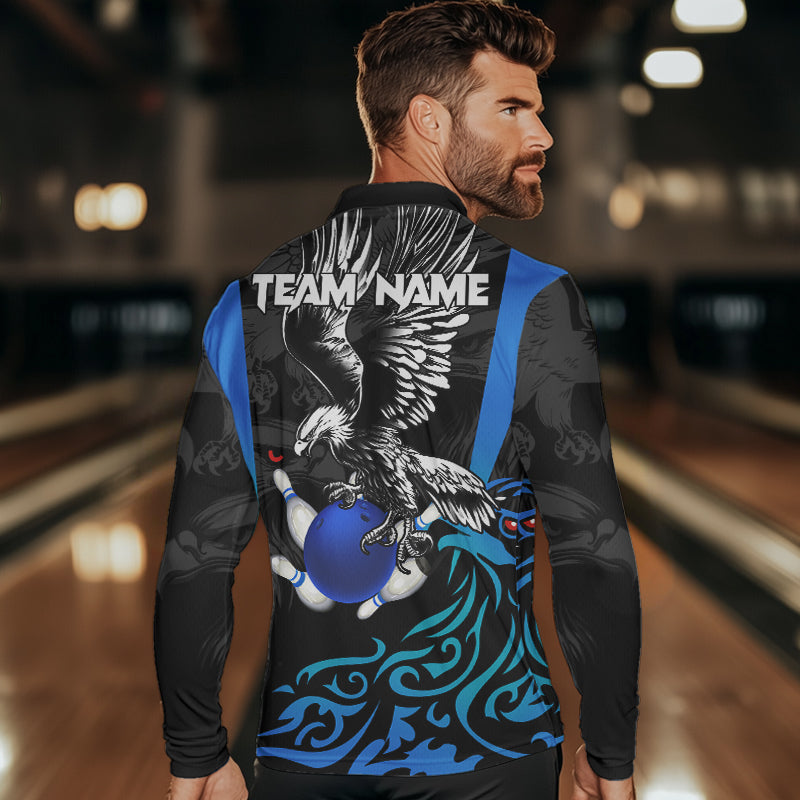Black and Blue Tribal Eagle Bowling Polo, Quarter Zip Shirts For Men Custom Eagle Bowling Team Shirt NQS9716
