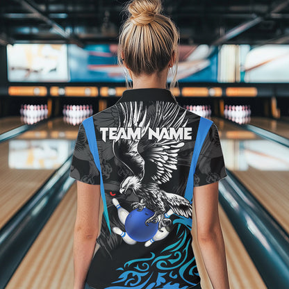 Black and Blue Tribal Eagle Bowling Polo, Quarter Zip Shirts For Women Custom Eagle Bowling Team Shirt NQS9716