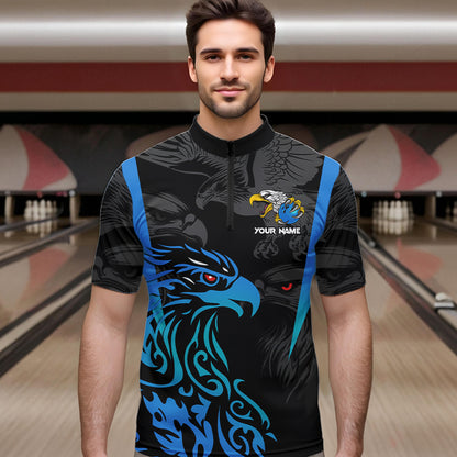 Black and Blue Tribal Eagle Bowling Polo, Quarter Zip Shirts For Men Custom Eagle Bowling Team Shirt NQS9716