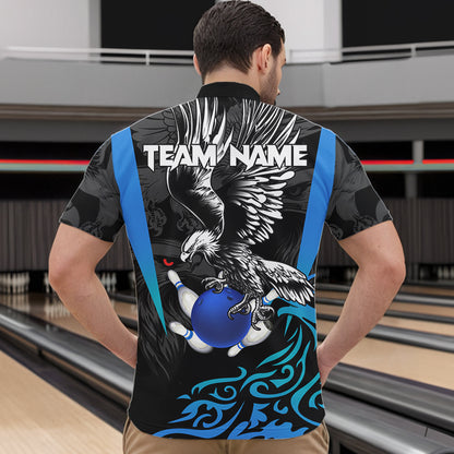 Black and Blue Tribal Eagle Bowling Polo, Quarter Zip Shirts For Men Custom Eagle Bowling Team Shirt NQS9716