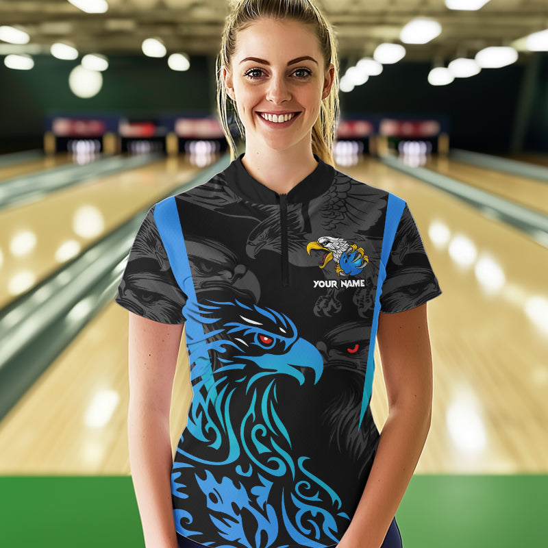 Black and Blue Tribal Eagle Bowling Polo, Quarter Zip Shirts For Women Custom Eagle Bowling Team Shirt NQS9716