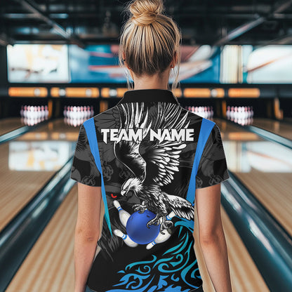 Black and Blue Tribal Eagle Bowling Polo, Quarter Zip Shirts For Women Custom Eagle Bowling Team Shirt NQS9716