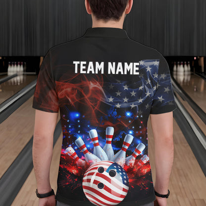 Personalized Smoke American Flag Bowling Team Shirts For Men Custom Patriotic Bowling Gifts For Bowler NQS9717