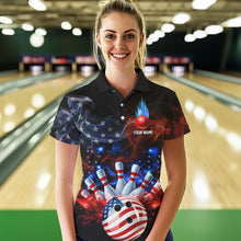 Load image into Gallery viewer, Personalized Smoke American Flag Bowling Team Shirts For Women Custom Patriotic Bowling Gifts NQS9717