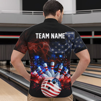 Personalized Smoke American Flag Bowling Team Shirts For Men Custom Patriotic Bowling Gifts For Bowler NQS9717