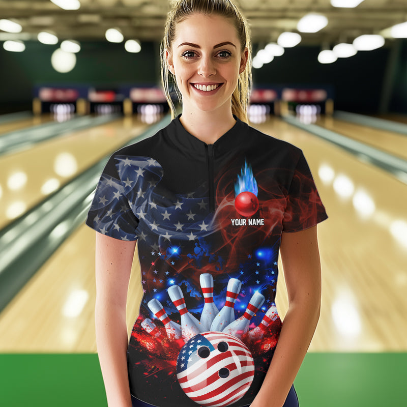 Personalized Smoke American Flag Bowling Team Shirts For Women Custom Patriotic Bowling Gifts NQS9717