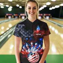Load image into Gallery viewer, Personalized Smoke American Flag Bowling Team Shirts For Women Custom Patriotic Bowling Gifts NQS9717