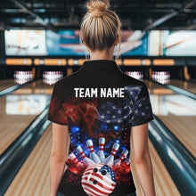 Load image into Gallery viewer, Personalized Smoke American Flag Bowling Team Shirts For Women Custom Patriotic Bowling Gifts NQS9717