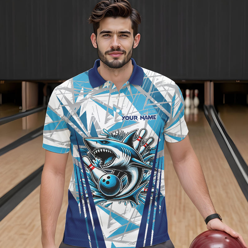 Personalized Blue Camo Shark Bowling Team Shirts For Men Custom Shark Bowling Polo, Quarter Zip Shirt NQS9719