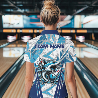 Personalized Blue Camo Shark Bowling Team Shirt For Women Custom Shark Bowling Polo, Quarter Zip Shirt NQS9719