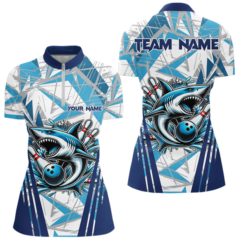 Personalized Blue Camo Shark Bowling Team Shirt For Women Custom Shark Bowling Polo, Quarter Zip Shirt NQS9719