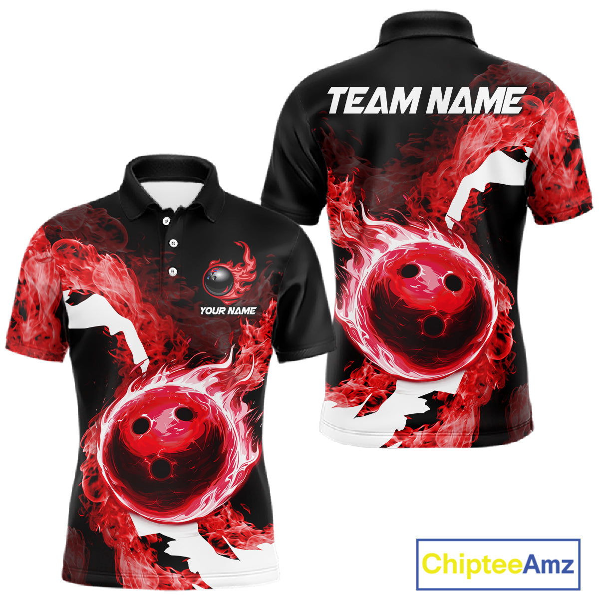 Red Flame Fire Bowling Shirts for Men Custom Bowling Team Jersey Bowling Polo & Quarter-Zip Shirts NQS11751