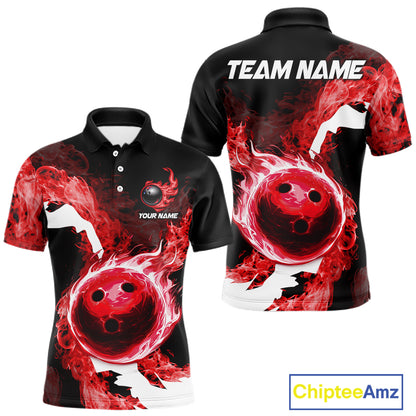 Red Flame Fire Bowling Shirts for Men Custom Bowling Team Jersey Bowling Polo & Quarter-Zip Shirts NQS11751