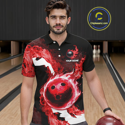 Red Flame Fire Bowling Shirts for Men Custom Bowling Team Jersey Bowling Polo & Quarter-Zip Shirts NQS11751