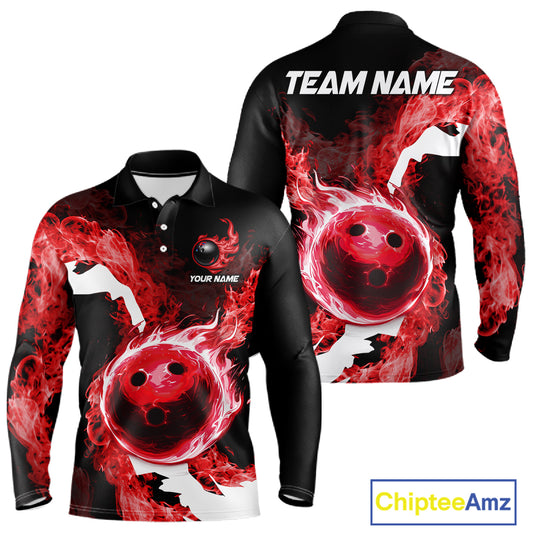 Red Flame Fire Bowling Shirts for Men Custom Bowling Team Jersey Bowling Polo & Quarter-Zip Shirts NQS11751