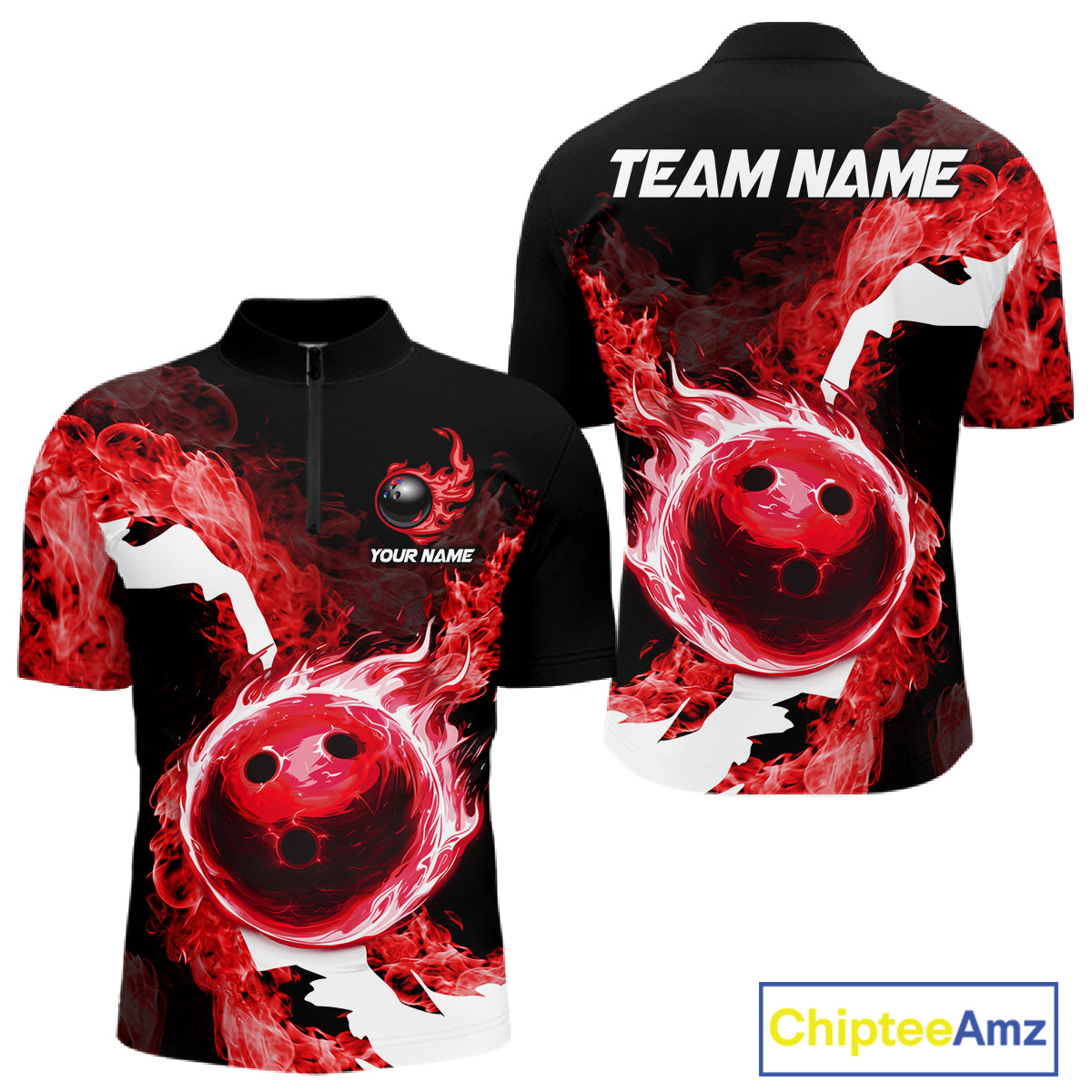 Red Flame Fire Bowling Shirts for Men Custom Bowling Team Jersey Bowling Polo & Quarter-Zip Shirts NQS11751