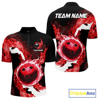 Red Flame Fire Bowling Shirts for Men Custom Bowling Team Jersey Bowling Polo & Quarter-Zip Shirts NQS11751