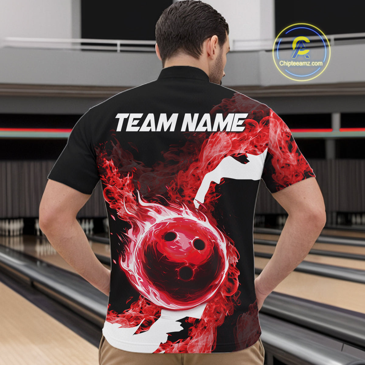 Red Flame Fire Bowling Shirts for Men Custom Bowling Team Jersey Bowling Polo & Quarter-Zip Shirts NQS11751