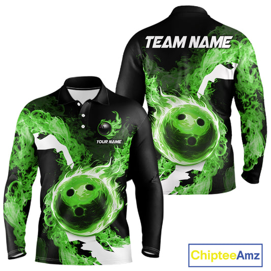 Green Flame Fire Bowling Shirts for Men Custom Bowling Team Jersey Bowling Polo & Quarter-Zip Shirts NQS11752