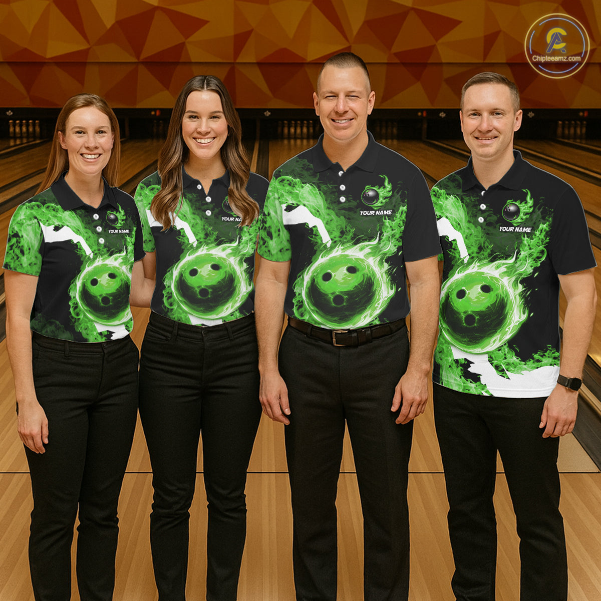 Green Flame Fire Bowling Shirts for Men Custom Bowling Team Jersey Bowling Polo & Quarter-Zip Shirts NQS11752