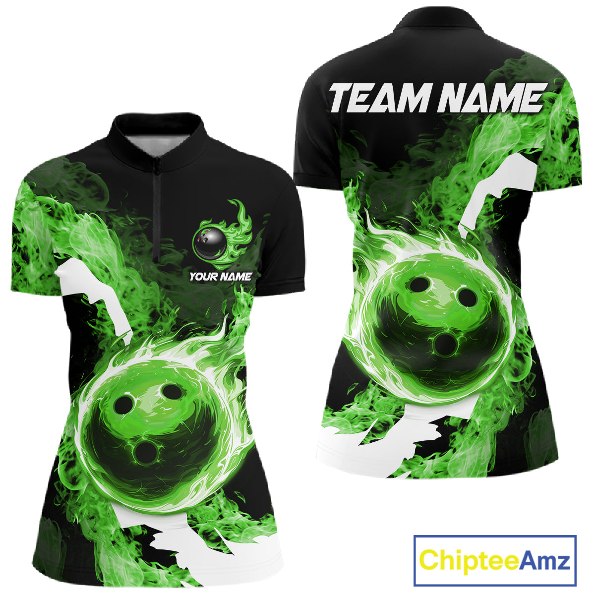 Green Flame Fire Bowling Shirts for Women Custom Bowling Team Jersey Bowling Polo & Quarter-Zip Shirts NQS11752