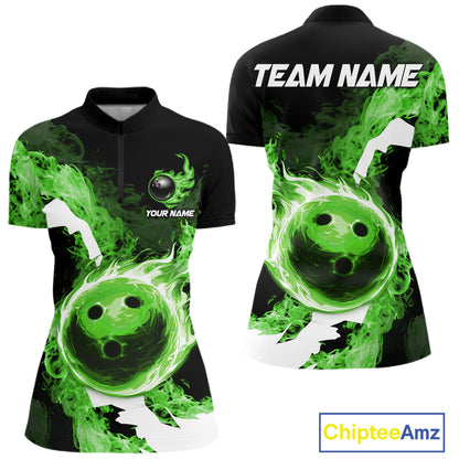 Green Flame Fire Bowling Shirts for Women Custom Bowling Team Jersey Bowling Polo & Quarter-Zip Shirts NQS11752