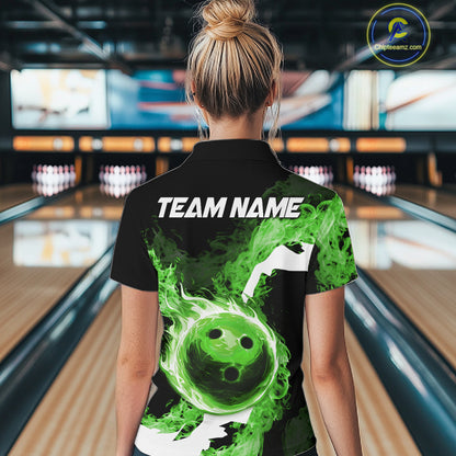 Green Flame Fire Bowling Shirts for Women Custom Bowling Team Jersey Bowling Polo & Quarter-Zip Shirts NQS11752
