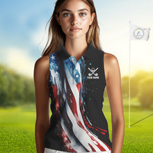 Load image into Gallery viewer, American flag Black Women sleeveless golf polo shirts Custom team patriotic golf top for ladies NQS9978