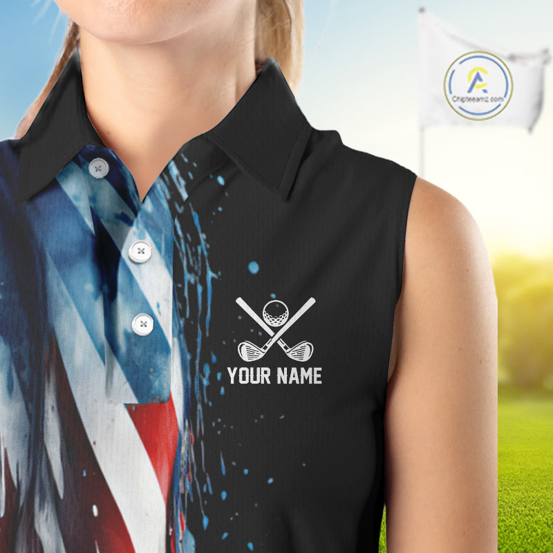 American flag Black Women sleeveless golf polo shirts Custom team patriotic golf top for ladies NQS9978
