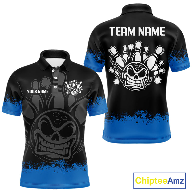 Black and Blue Funny Bowling Polo, Quarter Zip Shirt for Men Custom Bowling Team Jersey NQS9982